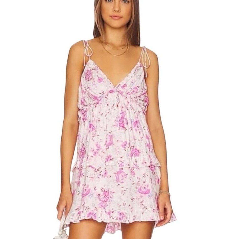Majorelle Floral Mini Dress Size M Pink White Tie Strap Ruffle Boho